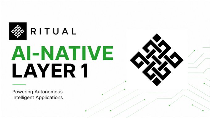 A promotional graphic for 'RITUAL AI-NATIVE LAYER 1' with the tagline 'Powering Autonomous Intelligent Applications' alongside a black geometric logo.