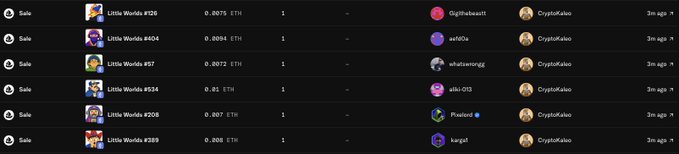 A screenshot of a cryptocurrency marketplace listing multiple 'Little World' NFTs (#126, #404, #97, #534, #208, #289) with prices in ETH, showing various seller and buyer usernames.