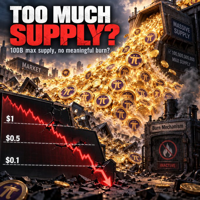 A dramatic, stylized image titled 'TOO MUCH SUPPLY?' criticizing Pi Coin's 100B max supply and inactive burn mechanism, featuring a cascading pile of Pi tokens, a '100,000,000,000 MAX SUPPLY' sign, and a chart showing a steep price decline.