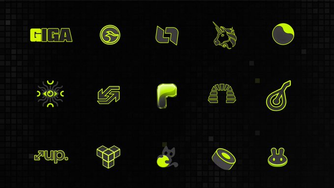 A grid of 15 neon green and black cryptocurrency logos and symbols on a dark background, including 'GIGA', '7up.', and various animal/abstract icons.