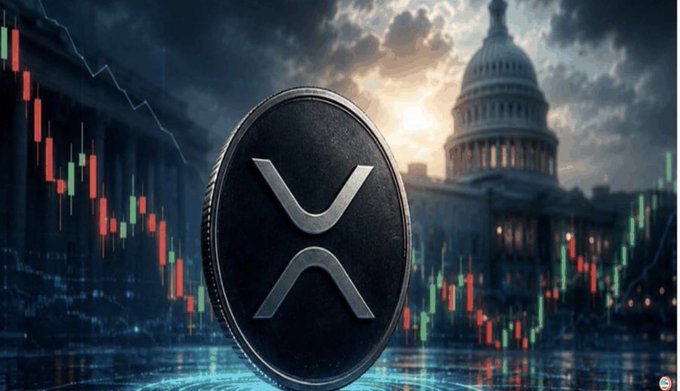 A promotional graphic featuring a large XRP cryptocurrency coin in front of the U.S. Capitol building, overlaid with red and green stock market candlestick charts.