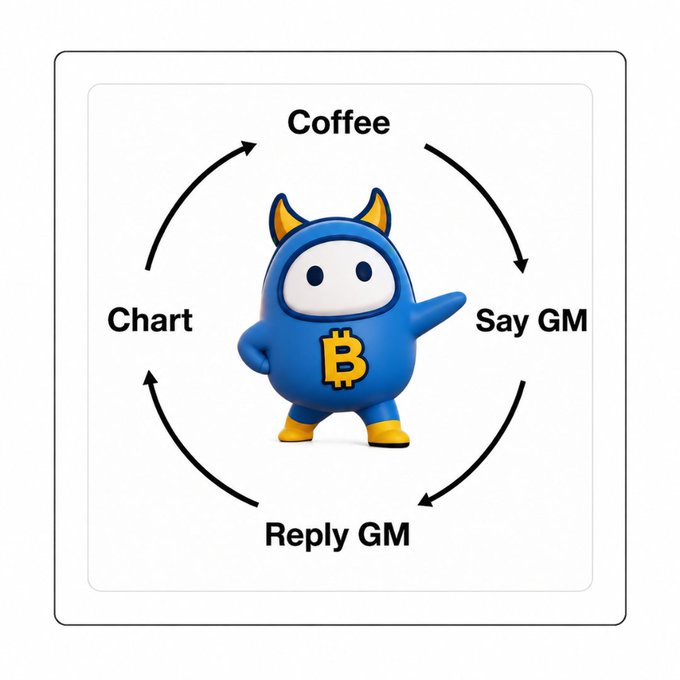 A cycle diagram featuring a blue Bitcoin character surrounded by arrows with text: "Coffee," "Say GM," "Reply GM," and "Chart."