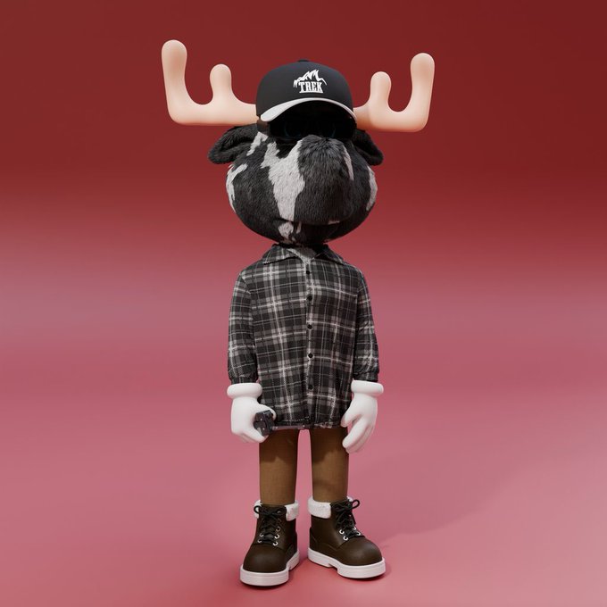 A 3D-rendered figure of a black and white cow head wearing a 'TREK' cap, a plaid flannel shirt, brown pants, and brown boots, standing against a red background.