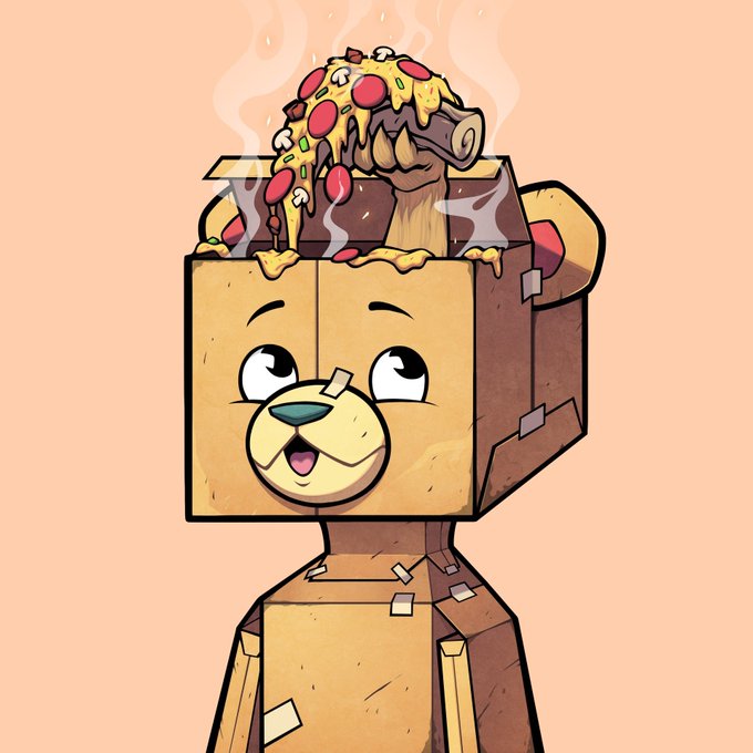 A cartoon illustration of a cute cardboard box character with a bear-like face, holding a steaming pizza box on its head with melted cheese and pepperoni on top.