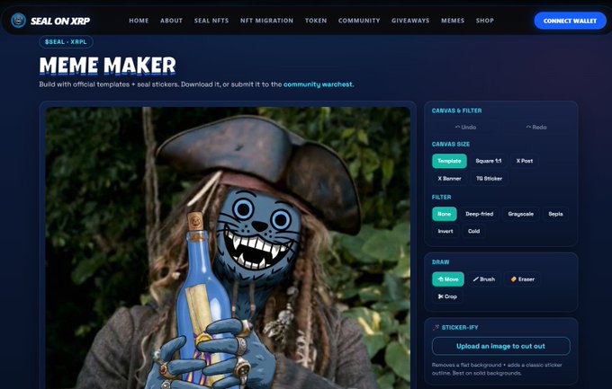 A screenshot of the Seal on XRP Meme Maker tool features a pirate seal character holding a bottle, alongside editing options including canvas filters (Lindo, Radio), canvas size templates (Square 1:1, X Post, X Banner, TG Sticker), filter presets (None, Deep-fried, Grayscale, Sepia, Invert, Cold), draw tools, and a "Sticker-ify" upload feature for creating custom stickers.