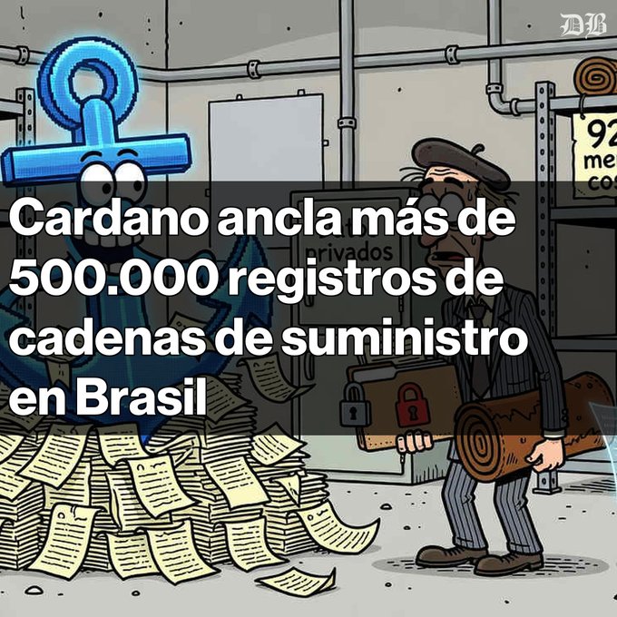 A cartoon illustration with Spanish text reading 'Cardano ancla más de 500.000 registros de cadenas de suministro en Brasil', showing a blue anchor character and a man with a briefcase.
