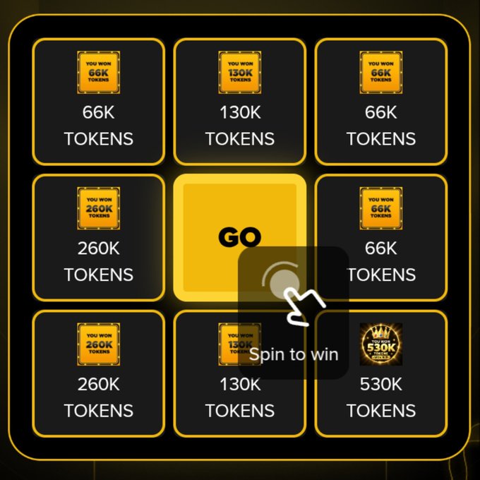 A finger clicks the "GO" button in the center of a Binance spin-to-win grid, which displays token prizes ranging from 66K to 530K. The image corresponds to the Binance New Spin Campaign, where users can win up to 530K tokens by completing tasks like converting BNB.