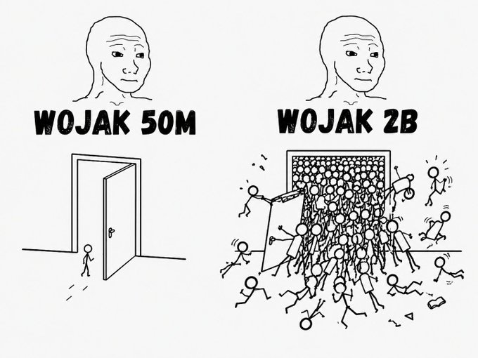 The image shows a black and white line drawing of two doorways, one open and one closed. The caption below the drawings reads "WOJAK 50m #wojak #pepe #eth".