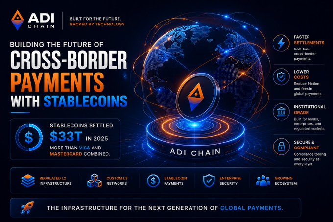An ADI Chain promotional graphic titled 'BUILDING THE FUTURE OF CROSS-BORDER PAYMENTS WITH STABLECOINS' highlights $33T in stablecoins settled in 2025, featuring a glowing blue globe and icons for faster settlements, lower costs, and institutional grade security.