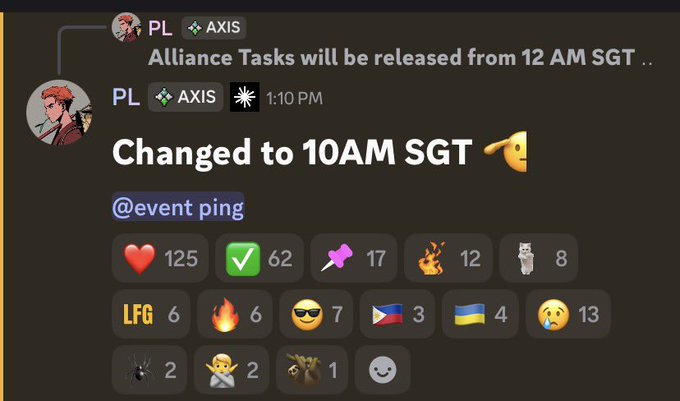 A Discord message from a user with an 'AXIS' badge announces a schedule change from 12 AM SGT to 10 AM SGT for alliance tasks, with an @event ping drawing 125 heart reactions and various other emoji responses.