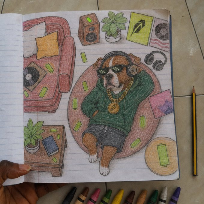 A colorful hand-drawn illustration in a lined notebook depicts a bulldog wearing sunglasses, headphones, and a green hoodie with a gold chain, lounging on a circular rug surrounded by scattered dollar bills, vinyl records, a couch, plants, and a speaker. The artwork ties into the post's $GOOD crypto giveaway announcement, visually celebrating the contest winners with its hip-hop themed, money-surrounded aesthetic.