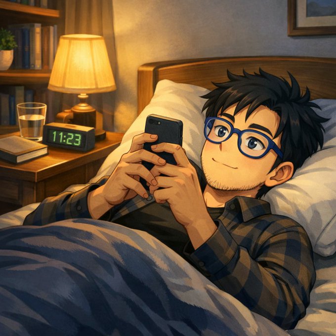 An anime-style illustration shows a young man with glasses lying in bed at 11:23 PM, smiling at his phone—relatable imagery for the post's "going to sleep" moment, urging viewers to secure their position in the Nomisma campaign before it ends.