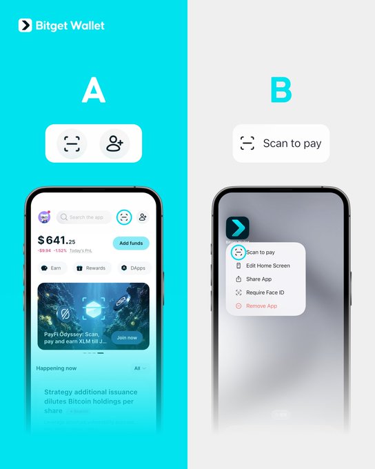 The image shows a Bitget Wallet comparison between two approaches: (A) Traditional app opening displaying a $641.25 balance with options like Earn, Rewards, and DApps, and (B) using a home screen shortcut to quickly access "Scan to pay" via long-press menu with options like Edit Home Screen and Share App, illustrating the "QRpaymaxxing" shortcut method over manually opening the app.