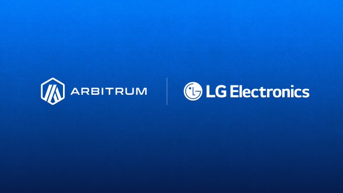 The image features a blue background with two white logos, one for Arbitrum and another for LG Electronics. The text "Enterprises come onchain through @arbitrum Delighted to see connected devices giant LG become the latest publicly listed enterprise to develop their blockchain with the Arbitrum Chain stack Massive week of enterprise adoption: - LG coming onchain - Robinhood testnet surpassed". This suggests that both companies are collaborating and working together in the world of technology, specifically focusing on developing a new type of blockchain for connected devices.