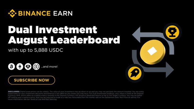 A Binance promotional banner advertises the 'Dual Investment August Leaderboard' offering up to 5,888 USDC, featuring the Binance logo and icons for Bitcoin, Ethereum, and other cryptocurrencies with a 'SUBSCRIBE NOW' button.