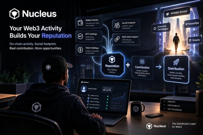A promotional graphic for 'Nucleus,' described as 'The Distribution Layer for Web3,' showing a man at a laptop with a flowchart explaining how on-chain activity, social footprint, and real contribution build reputation and lead to distribution.