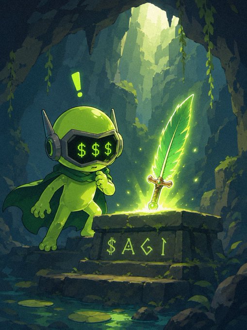 A green frog-headed character wearing a visor displaying "$$$" and a cape stands in a mystical cave, gazing in awe at a glowing green sword embedded in an altar inscribed with "$AGI," symbolizing the coin's rising momentum as it surpasses the $2M market cap milestone.