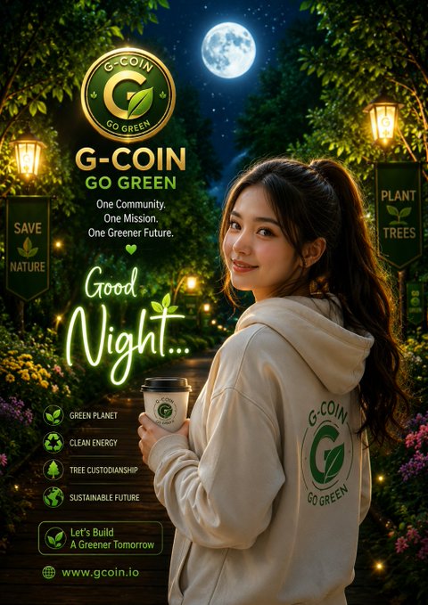 A promotional graphic for 'G-Coin Go Green' featuring a young woman in a beige hoodie holding a coffee cup, with a full moon and forest backdrop, listing features like 'GREEN PLANET' and 'CLEAN ENERGY' with the website www.gcoin.io.