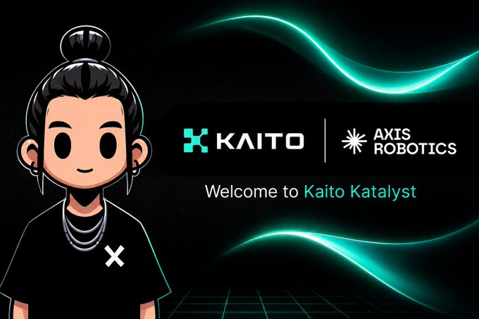 The image features a stylized cartoon character wearing a black "X" t-shirt alongside the Kaito and Axis Robotics logos, with the text "Welcome to Kaito Katalyst." It serves as a promotional visual introducing the Kaito Katalyst event, featuring Axis Robotics—the company highlighted in the post for building a self-improving robotics feedback loop where AI models help determine the data they need to improve.