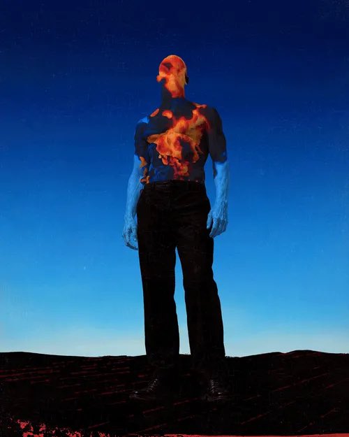 Surreal artwork depicting a figure standing against a dark blue sky, wearing dark pants with a torso and head transformed into blue and orange fiery patterns resembling lava or flames.