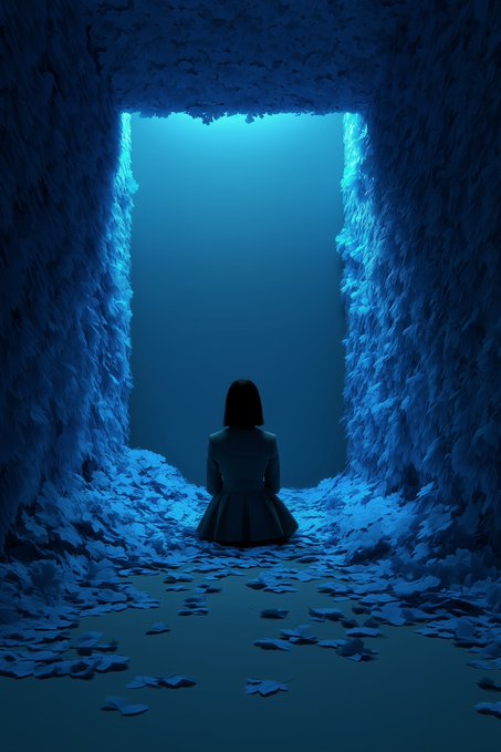 An artistic rendering of a person sitting on a pile of blue leaves in a dark, textured tunnel, looking out toward a bright, glowing blue opening.