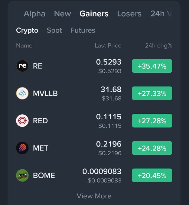 A cryptocurrency market 'Gainers' list showing tokens like RE (+35.47%), MVLLB (+27.33%), RED (+27.28%), MET (+24.28%), and BOME (+20.45%) with their last prices and 24-hour change percentages.