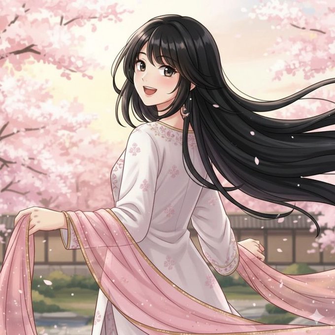 Anime-style illustration of a smiling young woman with long black hair wearing a white floral dress with pink flowing sashes, set against a backdrop of cherry blossom trees in bloom