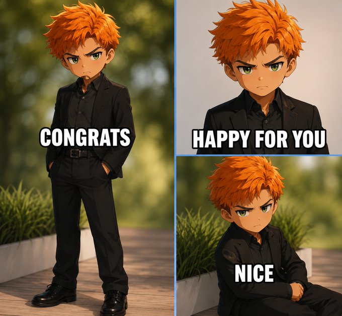 A three-panel meme featuring an anime-style character with orange hair in a black suit, displaying sarcastic congratulatory messages: 'CONGRATS', 'HAPPY FOR YOU', and 'NICE'.