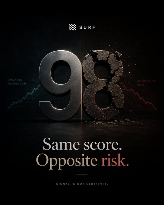 A dark SURF advertisement displaying two large '98' numerals, one polished and one cracked, with the tagline 'Same score. Opposite risk.' and 'Signal is not certainty.'