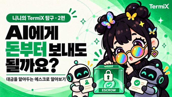 A green-and-white Korean Termix advertisement with cartoon characters, robots, and an “ESCROW” safe. Visible text includes “Termix,” “니내의 Termix 탐구 2편,” “AI에게 돈부터 보낼까요?” and “대금을 맡아주는 에스크로 알아보기.”