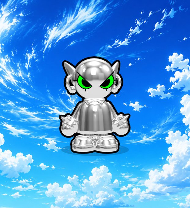 A silver, metallic cartoon-style character with pointed ears and green eyes standing against a backdrop of a bright blue sky with clouds.