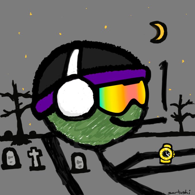 A digital drawing of a green-skinned character wearing a winter beanie, large white earmuffs, and iridescent ski goggles, set in a spooky night scene with bare trees, gravestones, a crescent moon, and a yellow wristwatch.