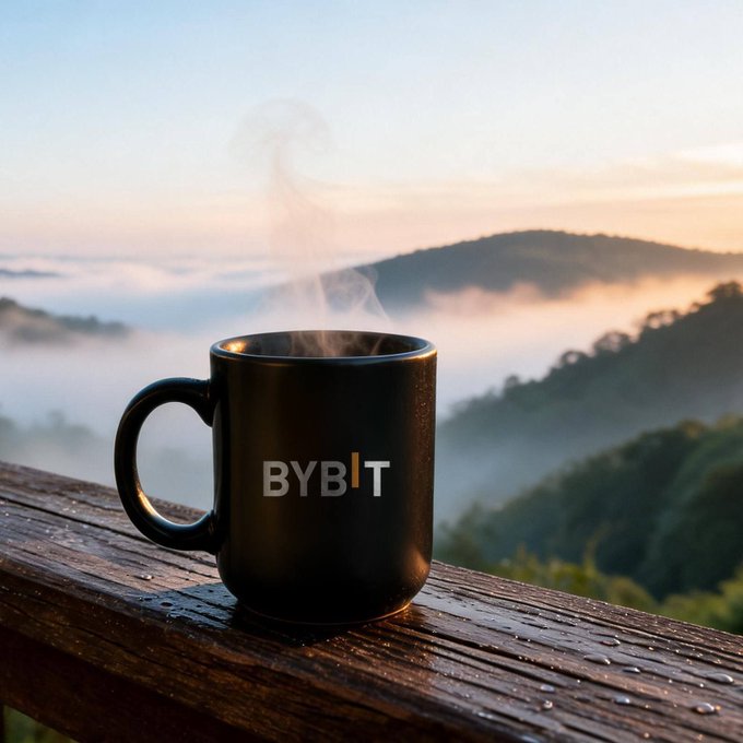 A black 'BYBIT' branded coffee mug with steam rising, placed on a wooden railing with a misty mountain landscape in the background.