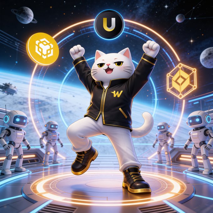 The image features a cartoon cat wearing a black jacket with "W" written on it, standing on a platform surrounded by robots. The cat appears to be dancing or celebrating while holding up its arms. In the background, there are planets and stars, suggesting that this scene takes place in outer space. The caption of the post reads: 
"Congratulations to @UTechStables on bringing AI agent adoption to @BNBCHAIN #BNB #U".