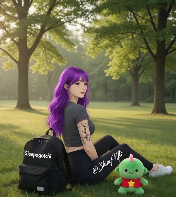 An anime-style digital illustration of a girl with long purple hair sitting in a sunlit park, wearing a black crop top and leggings with 'Sleepagothchi' text, accompanied by a black backpack labeled 'Sleepagothchi' and a small green plush toy.