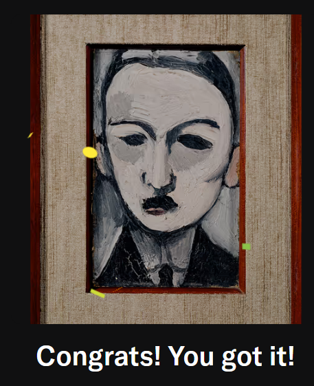 A framed painted portrait of a figure with dark hair and stylized features, with the text 'Congrats! You got it!' displayed below.