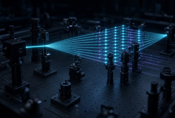 A laser beam splits into a grid of glowing blue and purple light across an optical table filled with lenses, mirrors, and photonic equipment, visually representing the simultaneous multi-channel quantum transmission described in the post.