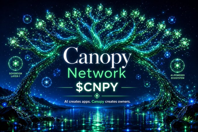 A glowing digital tree graphic advertises 'Canopy Network' with the ticker '$CNPY' and the tagline 'AI creates apps. Canopy creates owners.' featuring 'SOVEREIGN LAYER-1' and 'AI-POWERED ECOSYSTEM' labels.