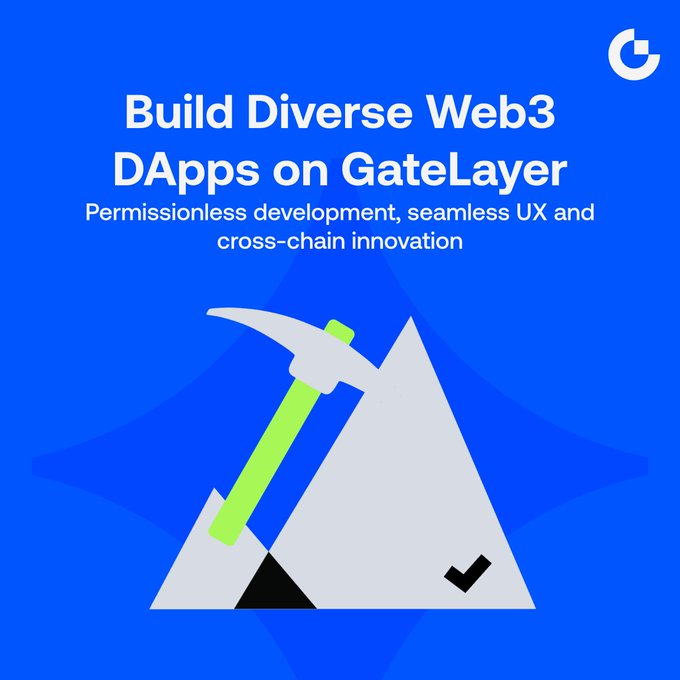 A blue promotional graphic for GateLayer with text 'Build Diverse Web3 DApps on GateLayer - Permissionless development, seamless UX and cross-chain innovation', featuring an illustration of a mountain with a pickaxe.