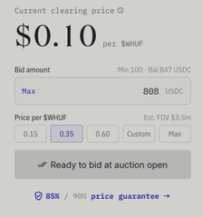 A digital bidding interface shows a current clearing price of $0.10 per $WHUF, with a bid amount of 888 USDC and a price of 0.35 selected.