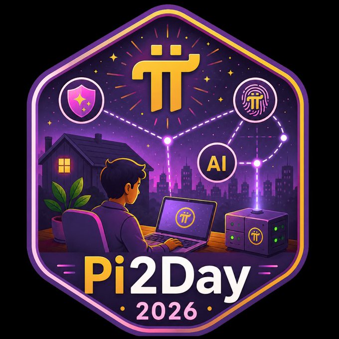 A colorful hexagonal badge illustration celebrating "Pi2Day 2026" featuring the Pi Network logo, a person using a laptop, and icons representing security, AI, and biometric scanning.