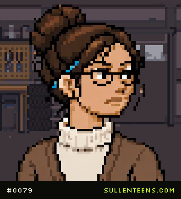 Pixel art portrait of a woman with brown hair in a bun, wearing glasses and a brown jacket, with the text '#0079' and 'SULLENTEENS.COM' at the bottom.
