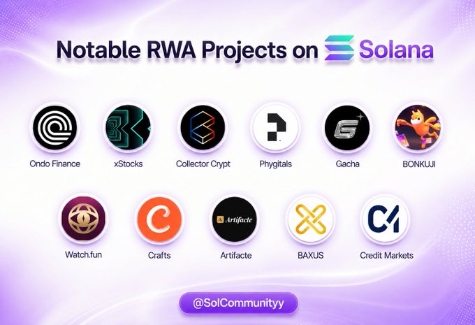 A graphic titled "Notable RWA Projects on Solana" displays logos and names of 11 real-world asset projects: Ondo Finance, xStocks, Collector Crypt, Phygitals, Gacha, BONKUJI, Watch.fun, Crafts, Artifacte, BAXUS, and Credit Markets, credited to @SolCommunityy.