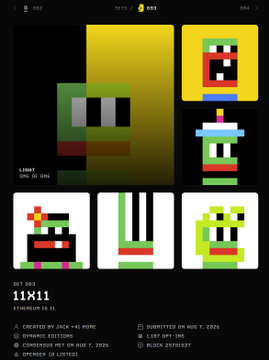 A digital art collection page showing pixel-art character thumbnails, including one labeled '11x11 STANDIN IS 11.' with details noting 'CREATED BY JACK +CJ MONE' and 'SUBMITTED ON AUG 7, 2020'.