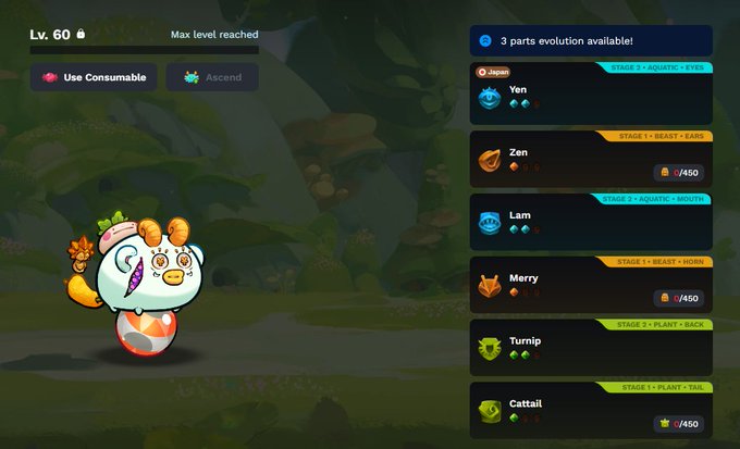 A game interface showing a duck-like character with a shell hat at 'Lv. 60 Max level reached,' with a menu showing evolutions including 'Japan - Yen,' 'Zen,' 'Lam,' 'Merry,' 'Turnip,' and 'Cattail.'