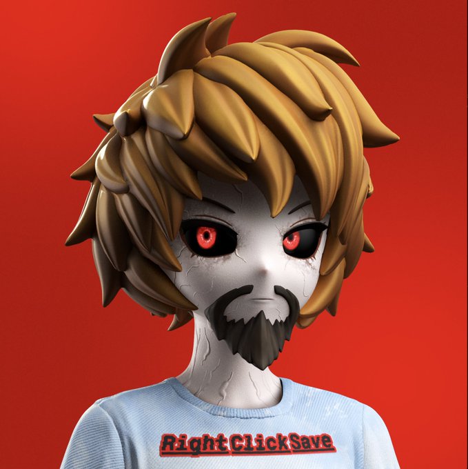 A 3D-rendered anime-style character with pale cracked skin, glowing red eyes, blonde hair, and a goatee wears a shirt reading 'Right Click Save' against a red background.