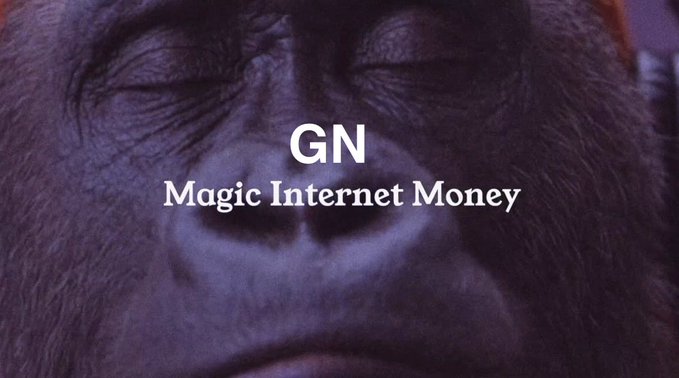 A close-up of a gorilla's face with the text "GN" and "Magic Internet Money" overlaid, fitting the "GN Degens" post as a humorous nod to late-night crypto traders saying goodnight while chasing internet wealth.