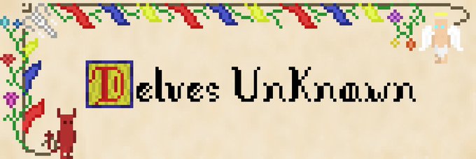 The image shows a pixel art banner with medieval/folk-style floral borders, featuring small illustrations of a figure, a cat, and a devil-like creature, with the stylized text "Delves Unknown" prominently displayed in the center. It serves as the branding/logo for the @DelvesUnknown project highlighted in the post, which announces an upcoming mainnet launch with create-to-earn mechanics.