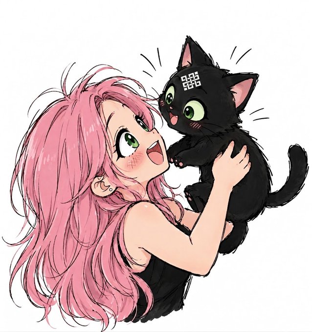 An anime-style illustration of a cheerful pink-haired girl happily holding up a black cat with large green eyes, which has a small white pattern resembling a QR code on its forehead.