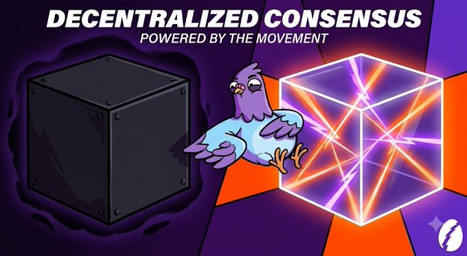 The image features a cartoon bird sitting inside a black box, with a purple square above the bird that says "denormalized consent" and an orange square below the bird that says "powered by the movement". The text in the image suggests that this is related to content moderation or the concept of consent.